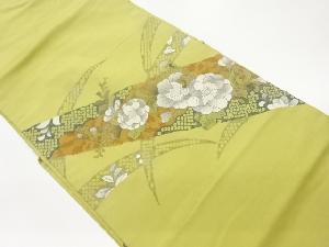 手織り紬手描き銀彩草花・芝に鹿の子模様名古屋帯